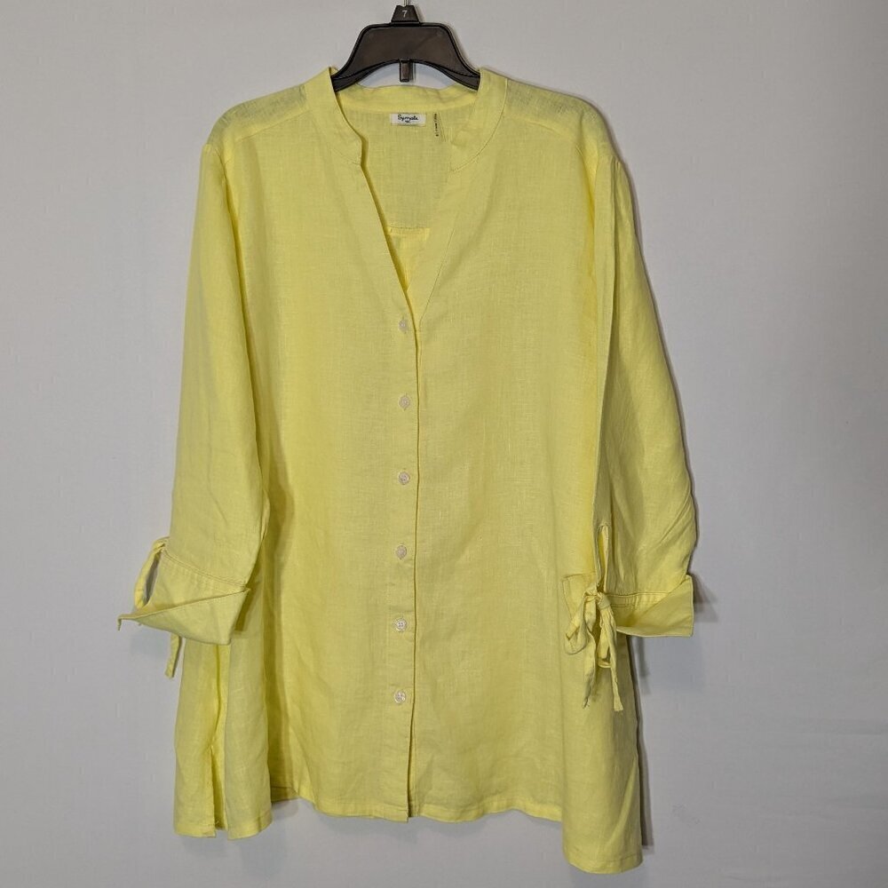 SYMPLE MK Yellow Linen Relax Fit Button Blouse; 3/4 Cuffed Sleeves w Tie; Size M
